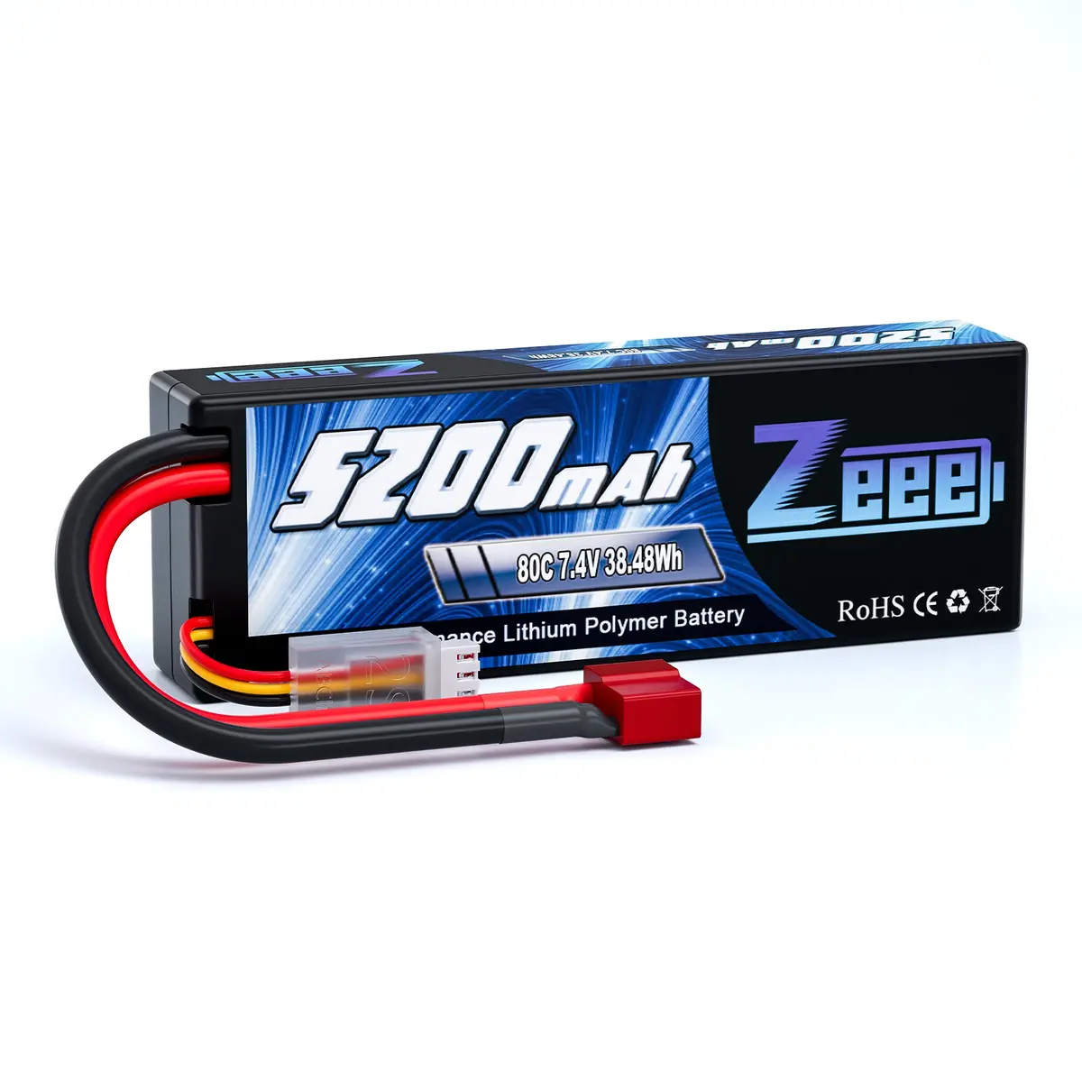 Zeee 2S Lipo Battery 5200Mah 7.4V 80C Hard Case Deans T Plug For 1/8 1/10 Rc Car 1