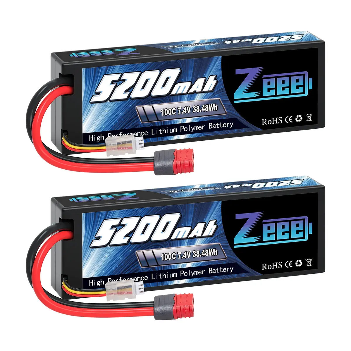 Zeee 2S Lipo Battery  5200Mah 7.4V 100C Hard Case Deans T Plug With Housing For 1/8 1/10 Rc Car Rc Airplane(2 Pack) 1