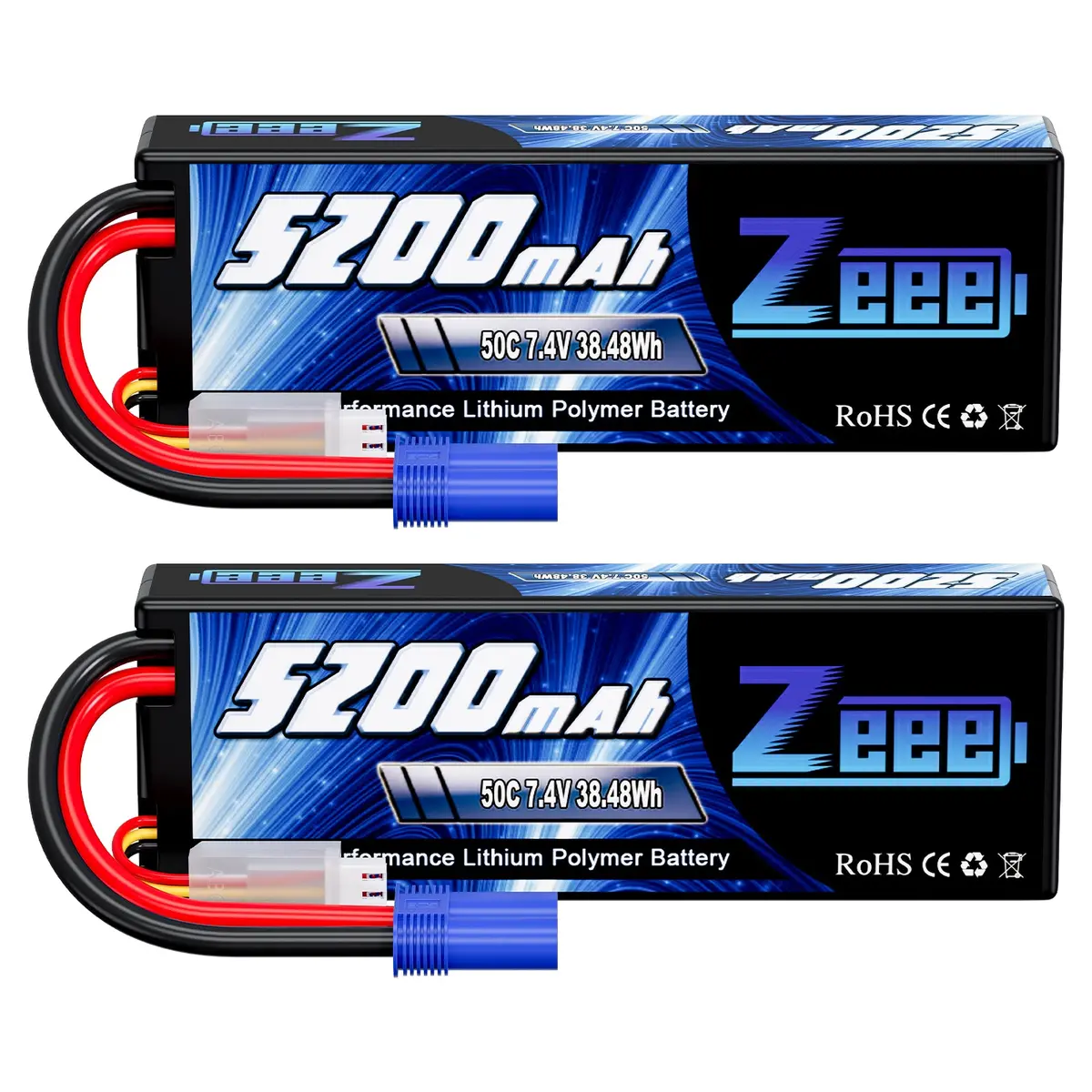 Zeee 2S Lipo Battery 5200Mah 7.4V 50C Hard Case With Ec5 Plug For 1/8 1/10 Rc Car(2 Pack) 1