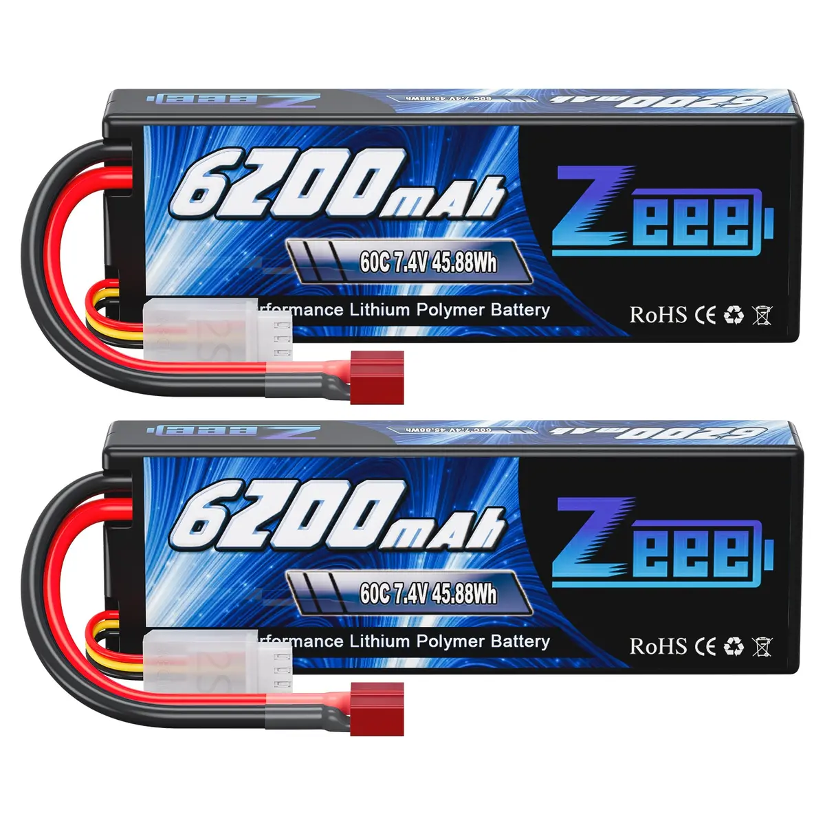 Zeee 2S Lipo Battery 6200Mah 7.4V 60C Hard Case With Deans T Connector For Rc Vehicles Car Truck Truggy Boat Racing Hobby(2 Pack) 1