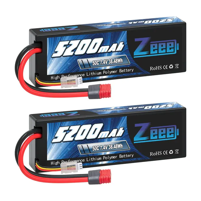 Zeee 2S Lipo Battery 5200Mah 7.4V 50C Deans T Plug With Housing Hard Case Battery For 1/8 1/10 Rc Car Rc Models(2 Pack) 1