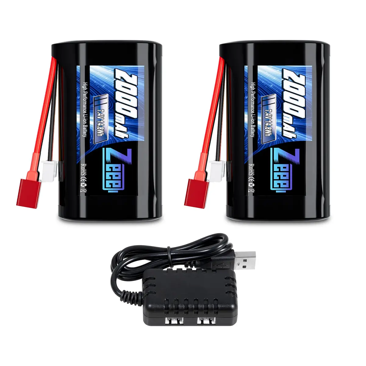 Zeee 2S Li-Ion Battery 2000Mah 7.4V Battery Sm 2P Connector With 7.4V Battery Charger Compatible With Mn D90/91, Mn 99/99S Rc Cars, H101 H103 H105 Rc Boat Rc Truck(2 Pack) 1