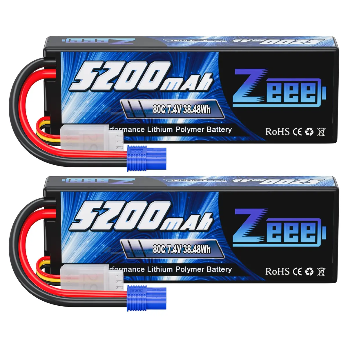 Zeee 2S Lipo Battery 5200Mah 7.4V 80C Hard Case With Ec3 Plug For 1/8 1/10 Rc Vehicles Car(2 Pack) 1