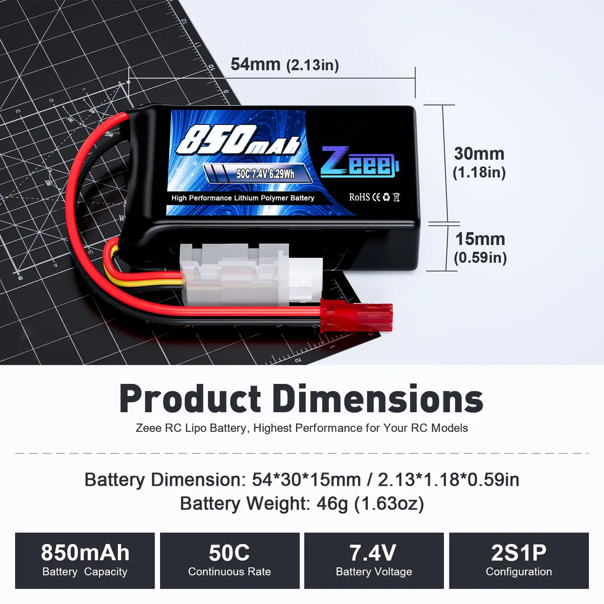 Zeee 2S Lipo Battery 850Mah 7.4V 50C Soft Pack Rc Battery With Jst Connector For Fpv Drone Quadcopter Airplane Rc Boat Helicopter Rc Car Rc Models(2 Pack) 2