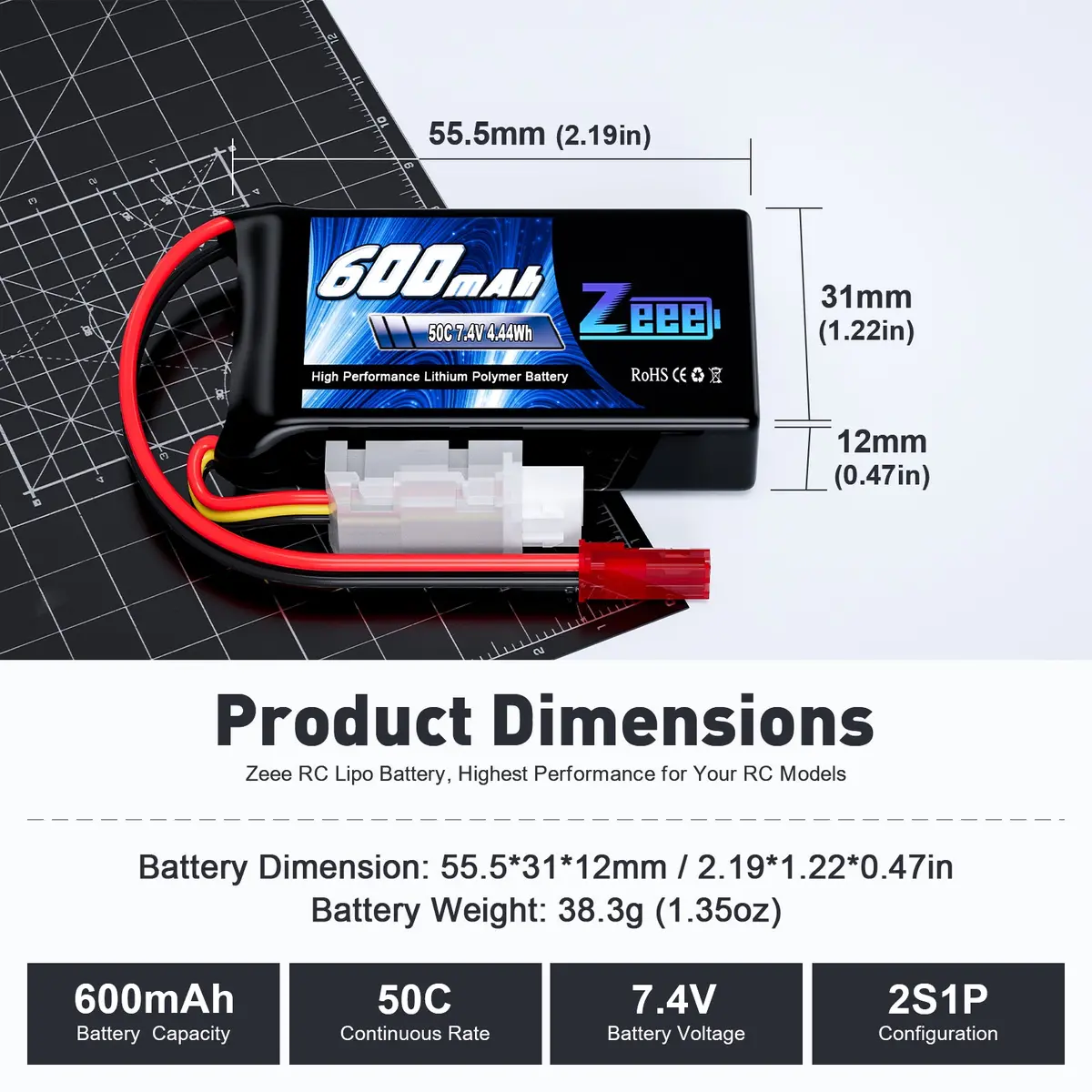 Zeee 2S Lipo Battery 600Mah 7.4V 50C With Jst Connector For Fpv Helicopter Airplane Rc Boat Racing Drone Quadcopter Rc Car Rc Models(2 Pack) 2