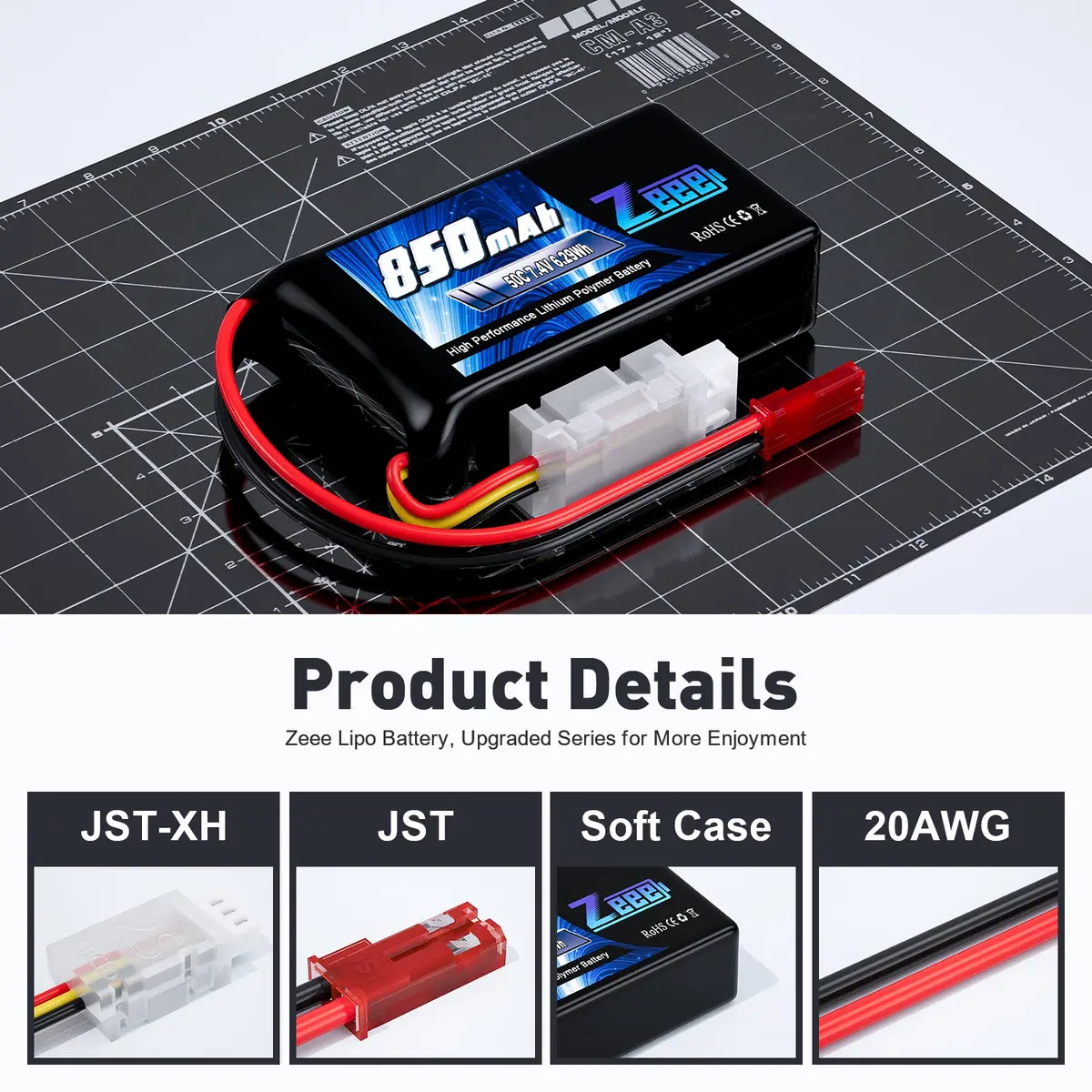 Zeee 2S Lipo Battery 850Mah 7.4V 50C Soft Pack Rc Battery With Jst Connector For Fpv Drone Quadcopter Airplane Rc Boat Helicopter Rc Car Rc Models(2 Pack) 3