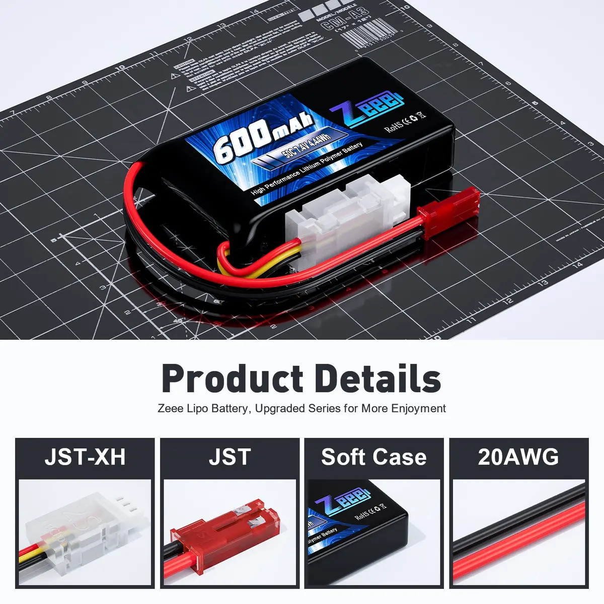 Zeee 2S Lipo Battery 600Mah 7.4V 50C With Jst Connector For Fpv Helicopter Airplane Rc Boat Racing Drone Quadcopter Rc Car Rc Models(2 Pack) 3
