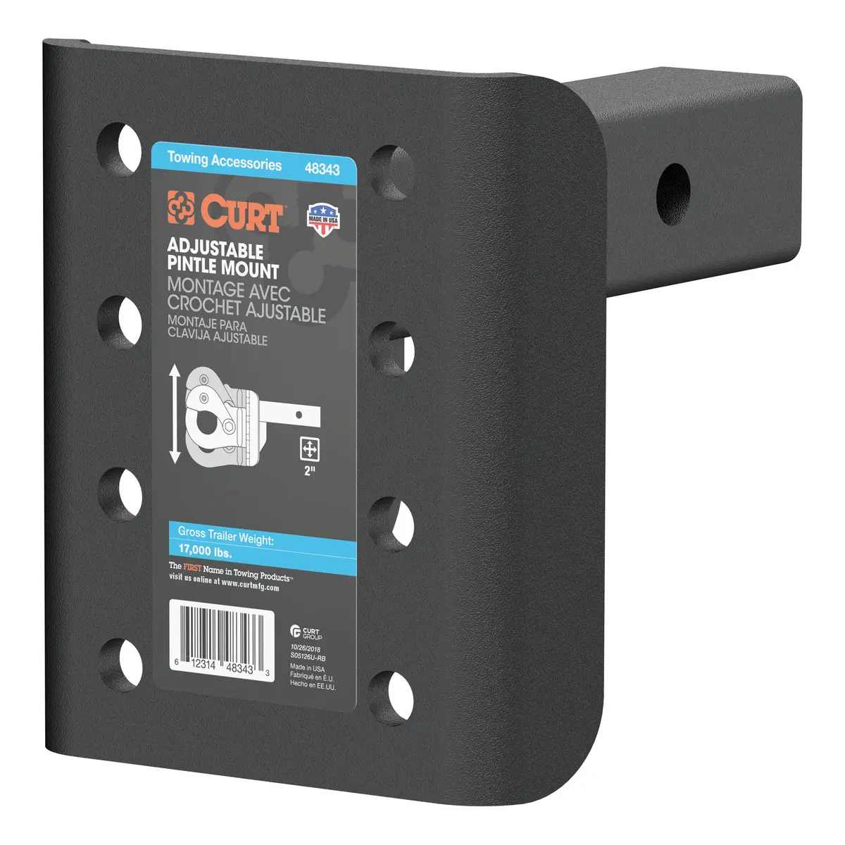Curt 48343 Adjustable Pintle Mount For 2-Inch Hitch Receiver, 17,000 Lbs., 7-1/4-Inch Height, 6-Inch Length 1