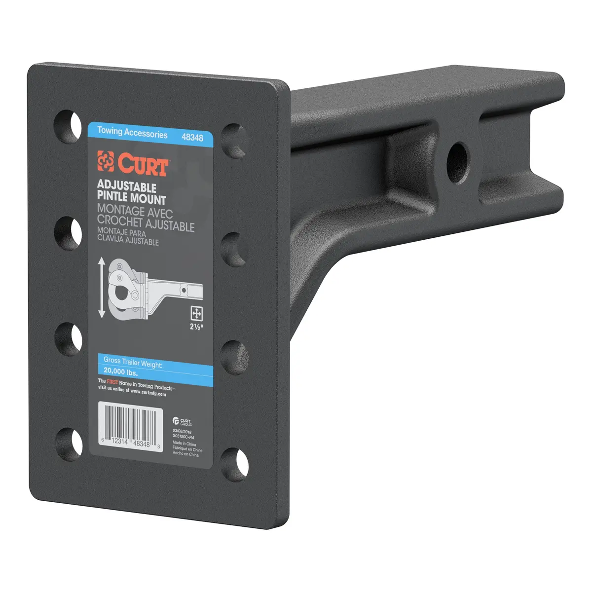 Curt 48348 Adjustable Pintle Mount For 2-1/2-Inch Hitch Receiver, 20,000 Lbs., 7-1/4-Inch Height, 10-3/4-Inch Length 1