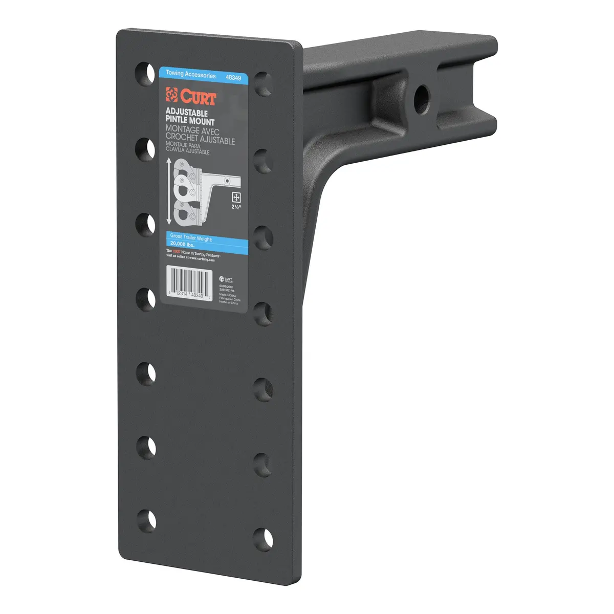 Curt 48349 Adjustable Pintle Mount For 2-1/2-Inch Hitch Receiver, 20,000 Lbs., 12-1/2-Inch Height, 10-3/4-Inch Length 1