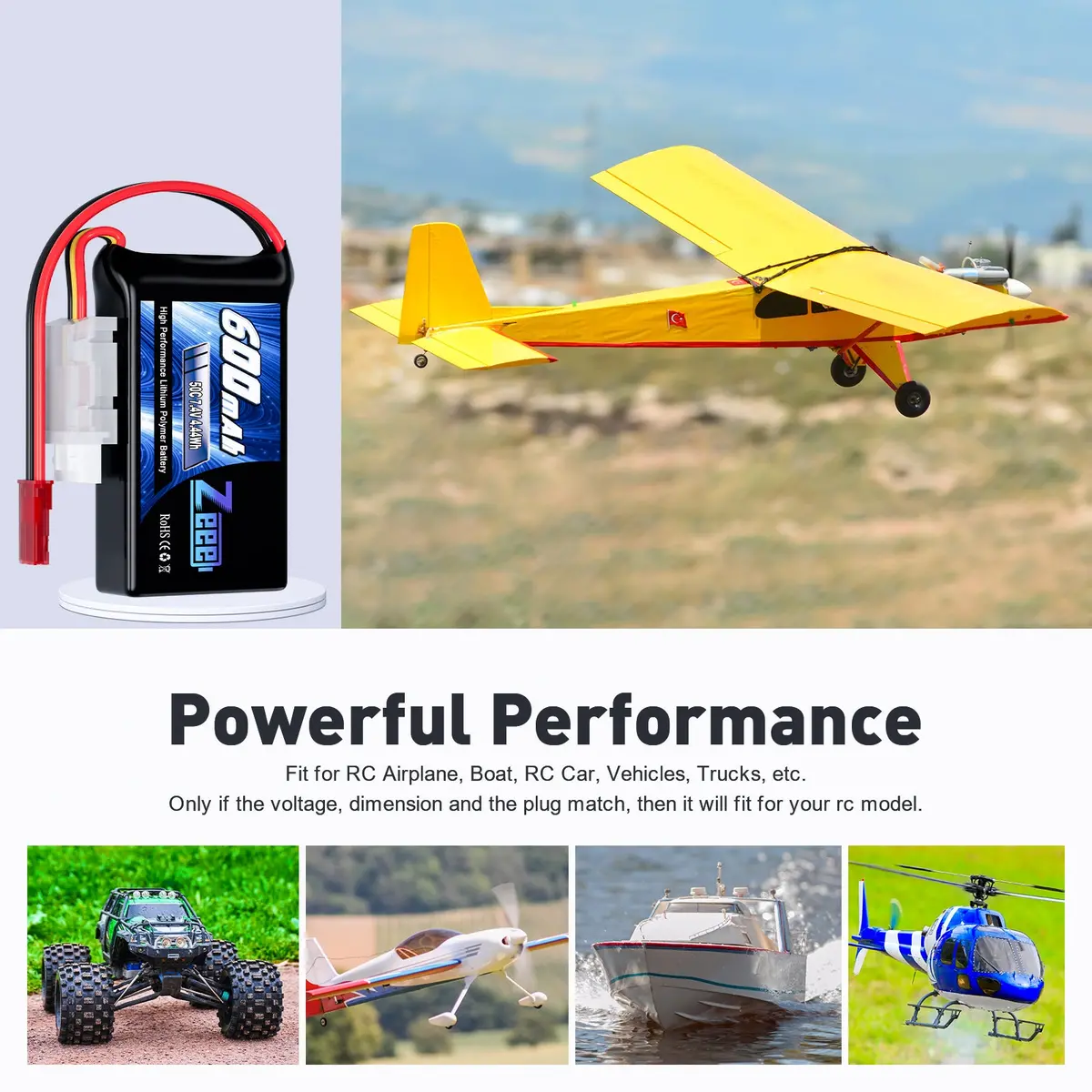 Zeee 2S Lipo Battery 600Mah 7.4V 50C With Jst Connector For Fpv Helicopter Airplane Rc Boat Racing Drone Quadcopter Rc Car Rc Models(2 Pack) 5