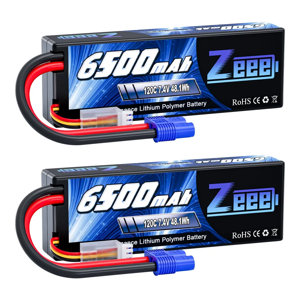 Zeee 2S Lipo Battery 6500Mah 120C 7.4V Hard Case Battery With Ec3 Connector For Rc Vehicles Rc Car Truck Truggy 1/10 Scale Racing Models(2 Pack) 1
