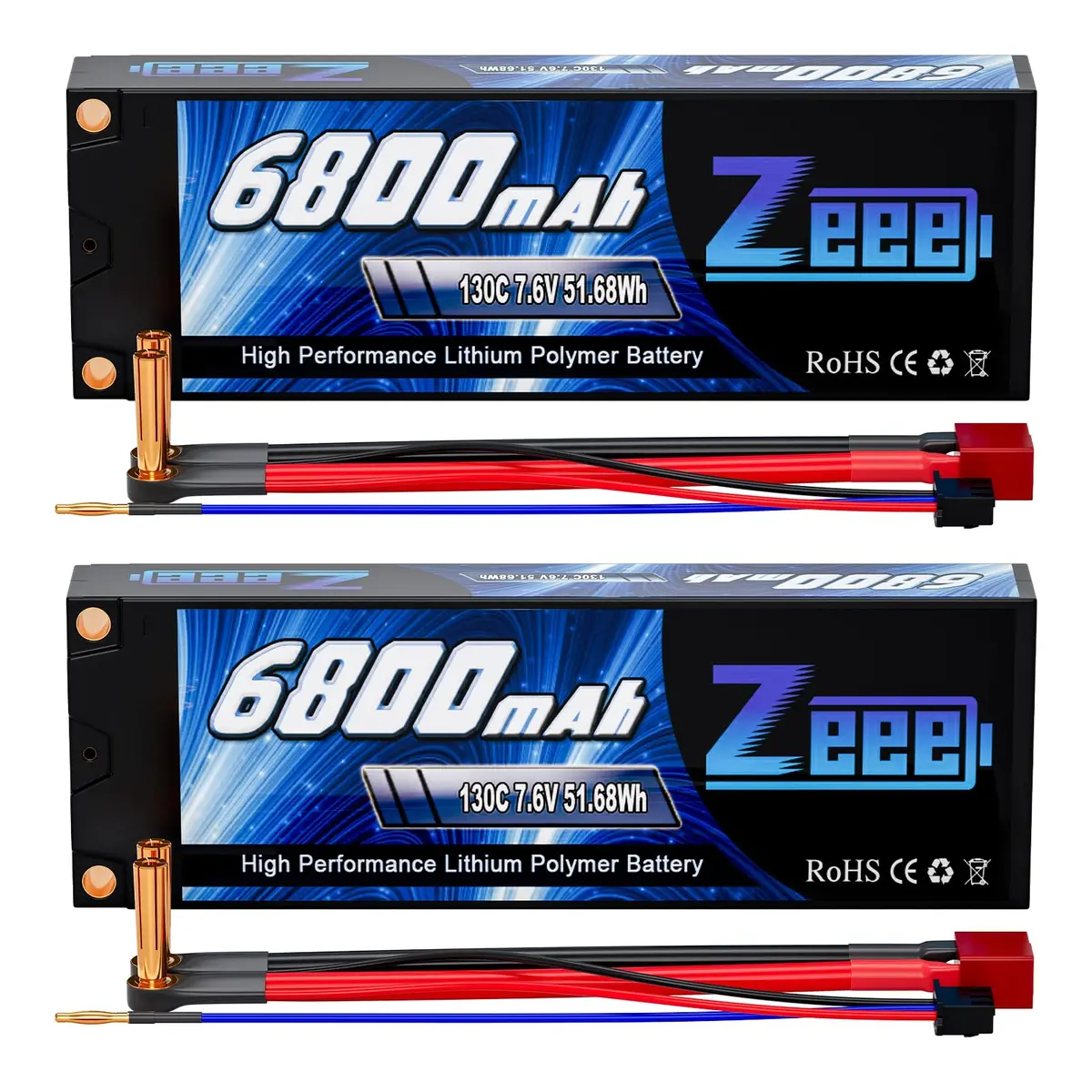 Zeee 2S Lipo Battery 6800Mah 7.6V 130C Hard Case Lcg Rc Lipo With 5Mm Bullet To Deans Connector For 1/10 Scale Vehicles Rc Race Car Rc Trucks Boats Rc Models(2 Pack) 1