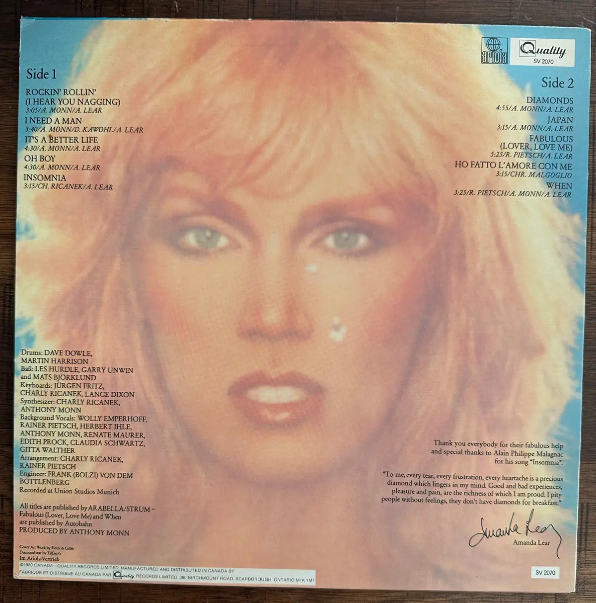 Amanda Lear - Diamonds For Breakfast Lp (Canada) Vinyl - Used 2