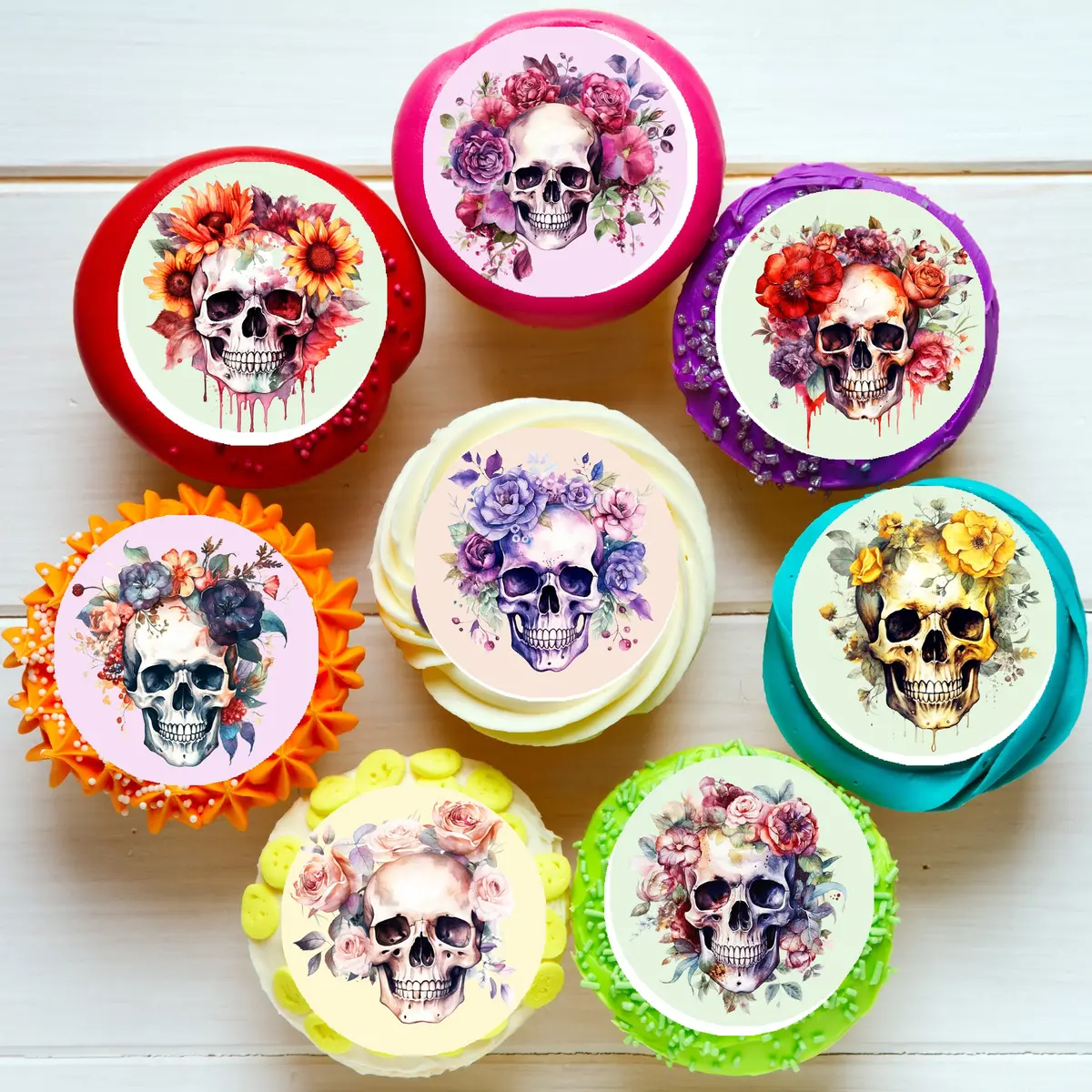 Gothic Floral Skulls Pre-Cut Edible Cupcake Or Cookie Toppers 1