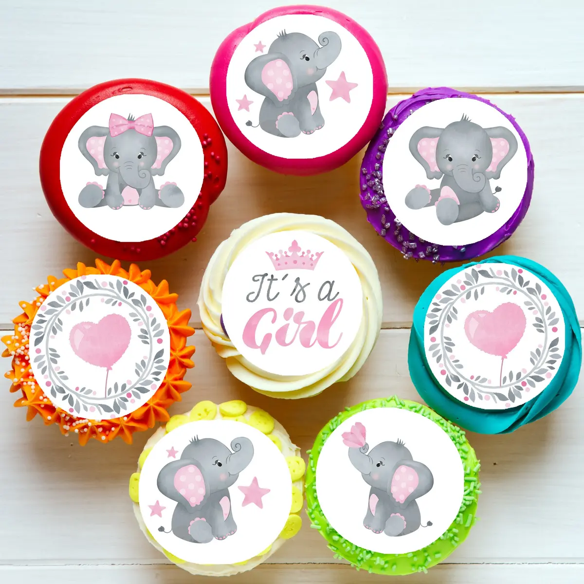 Pink Baby Elephant Shower Pre-Cut Edible Icing Cupcake Or Cookie Toppers 1