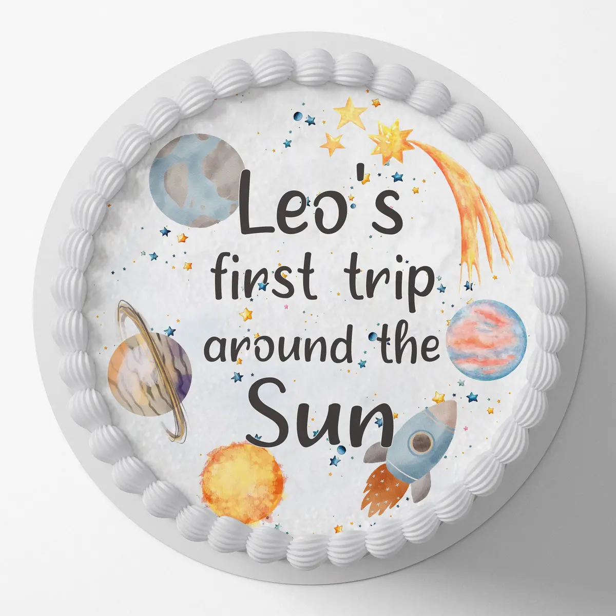 First Trip Around The Sun Pre-Cut Round Edible Cake Topper 1