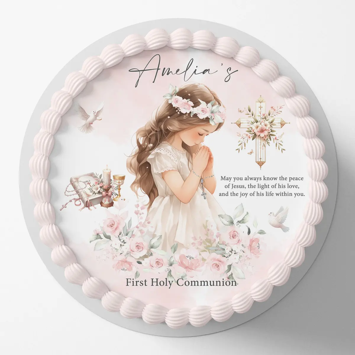 First Holy Communion Pre-Cut Round Edible Cake Topper 1