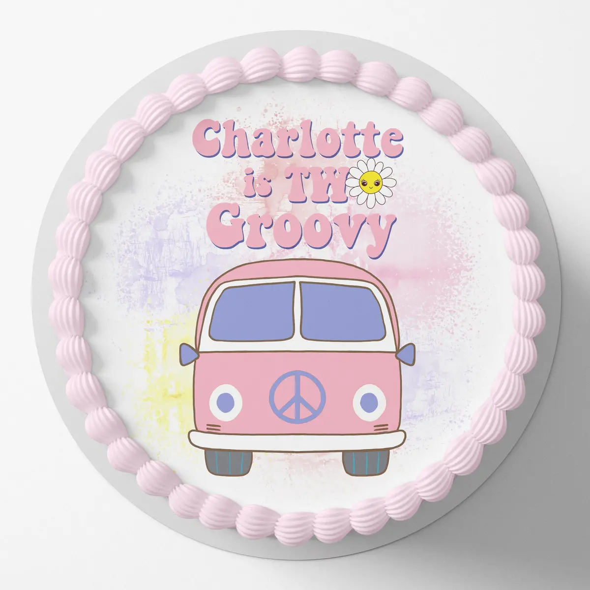 Two Groovy Combi Van Birthday Pre-Cut Round Edible Cake Topper 1