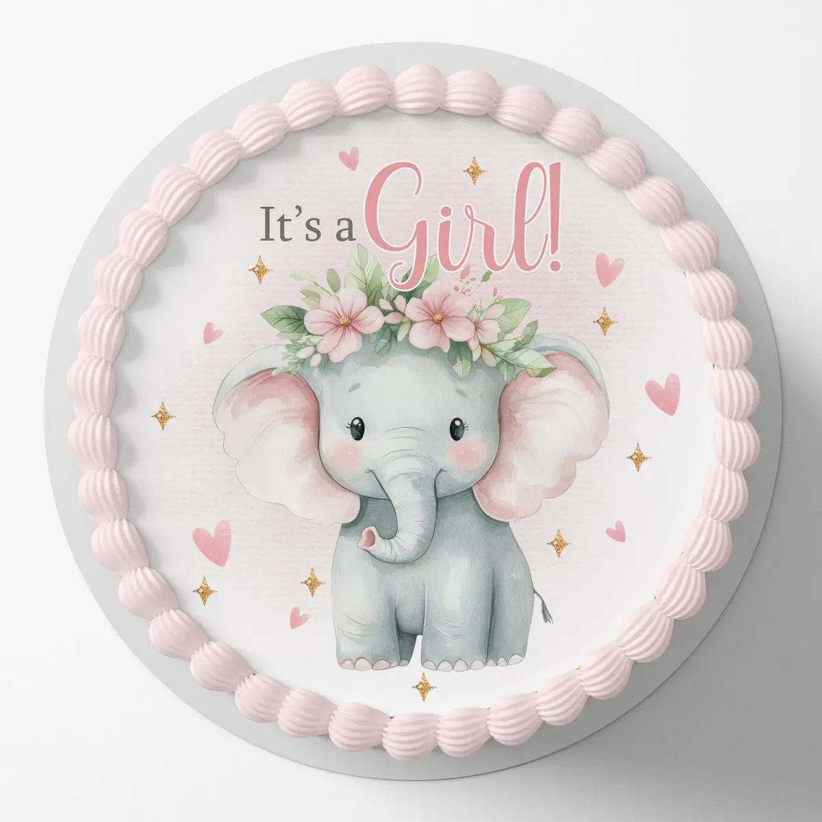 Baby Shower It's A Girl Elephant Pre-Cut Round Edible Cake Topper 1