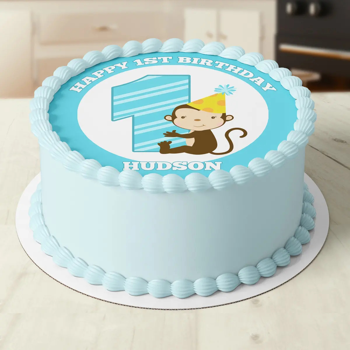 Cute Monkey Birthday Pre-Cut Round Edible Cake Topper 1