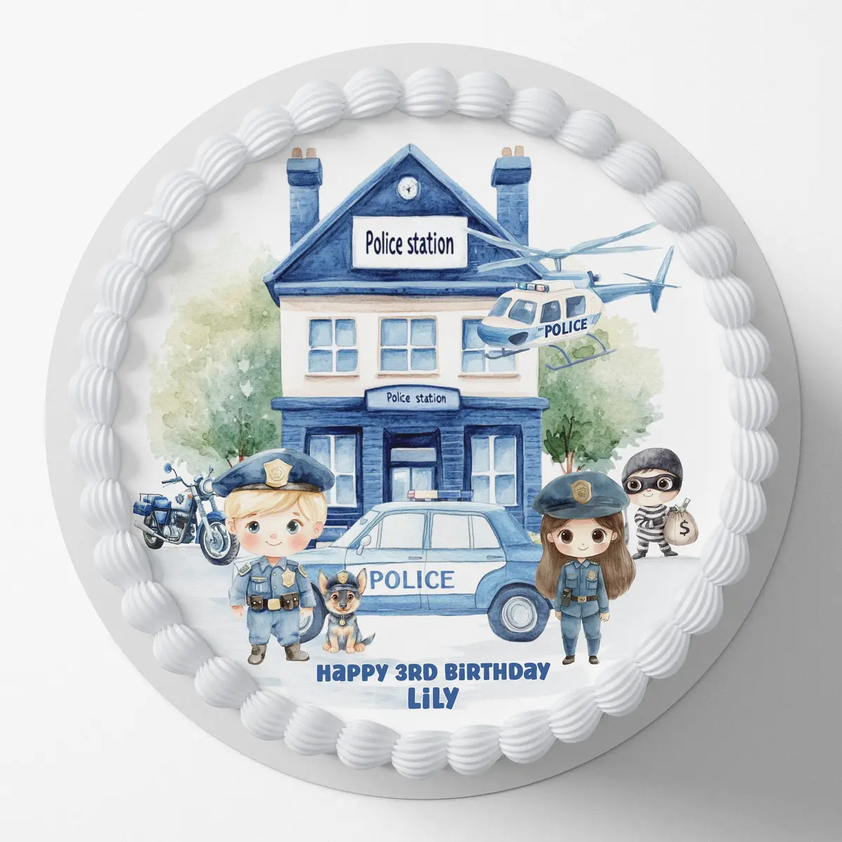 Police Themed Round Pre-Cut Edible Icing Cake Topper 1