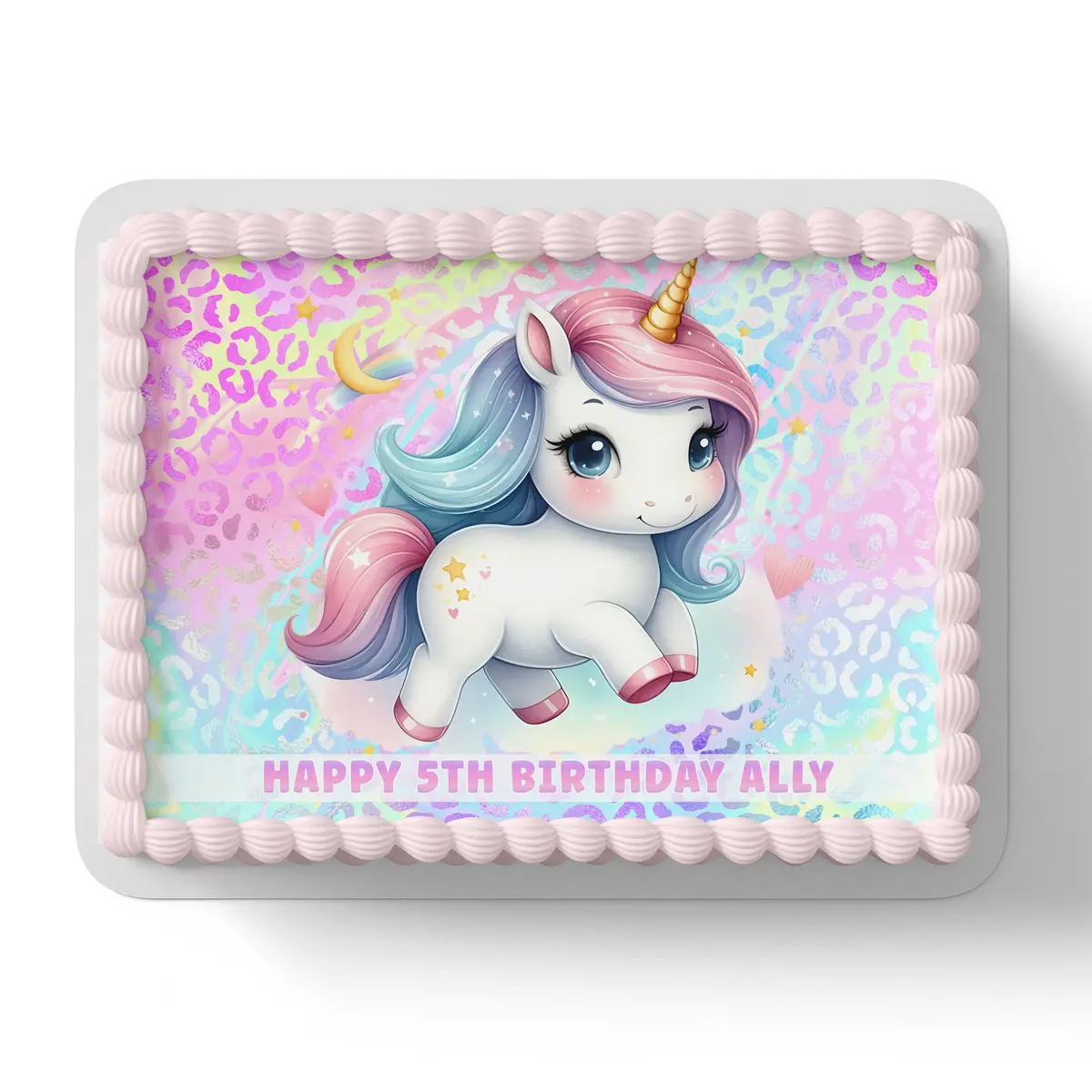 Rainbow Unicorn Leopard Print Rectangle/ Square Edible Icing Cake Topper 1