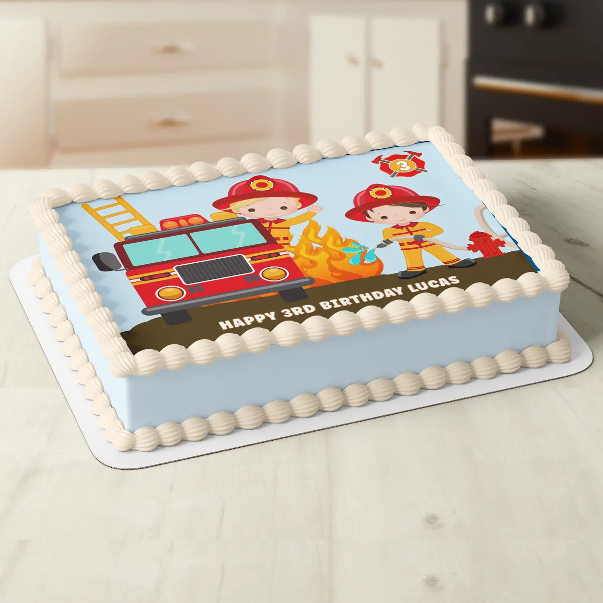 Fireman Firetruck Rectangle Or Square Edible Cake Topper 1