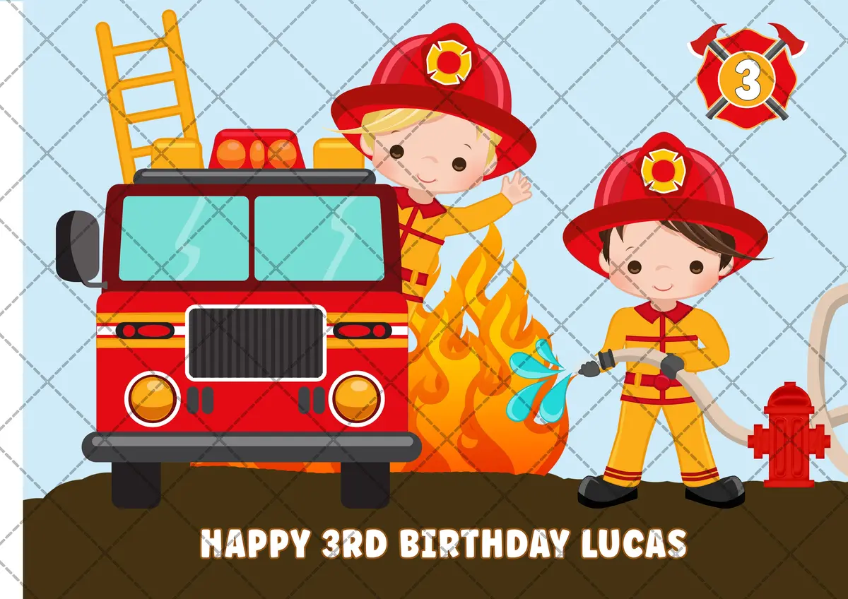 Fireman Firetruck Rectangle Or Square Edible Cake Topper 2
