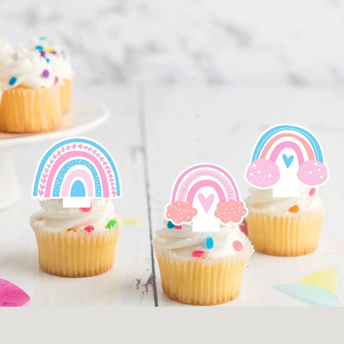 Rainbow Pre-Cut Edible Stand Up Wafer Card Cupcake Toppers 1