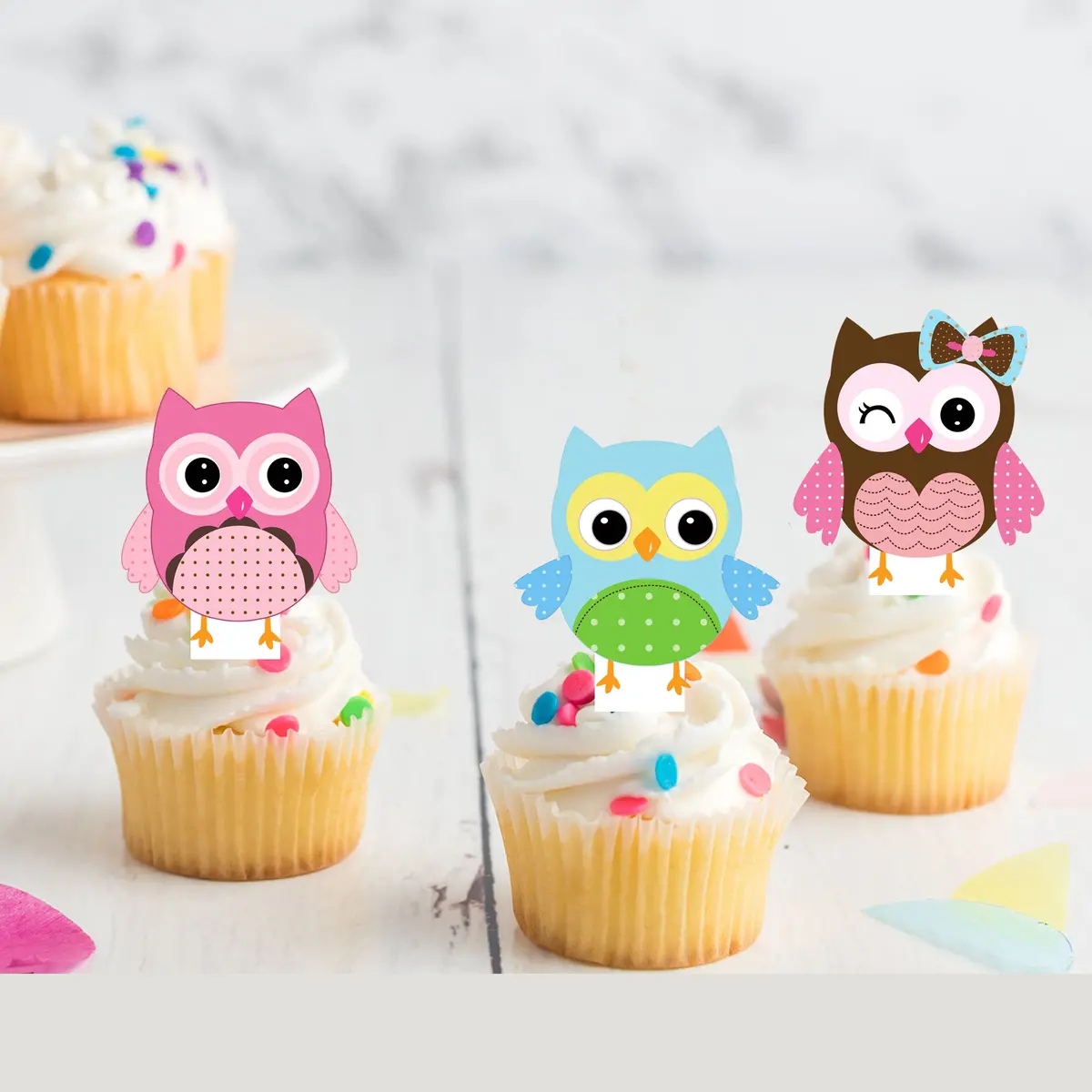 Cute Owls Pre-Cut Edible Stand Up Wafer Card Cupcake Toppers 1