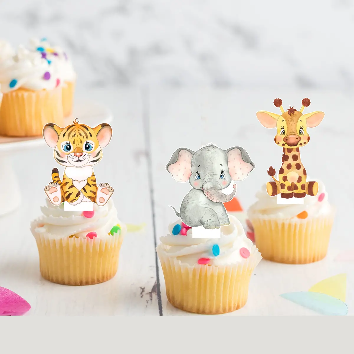 Jungle Safari Animals Pre-Cut Edible Stand Up Wafer Card Cupcake Toppers 1