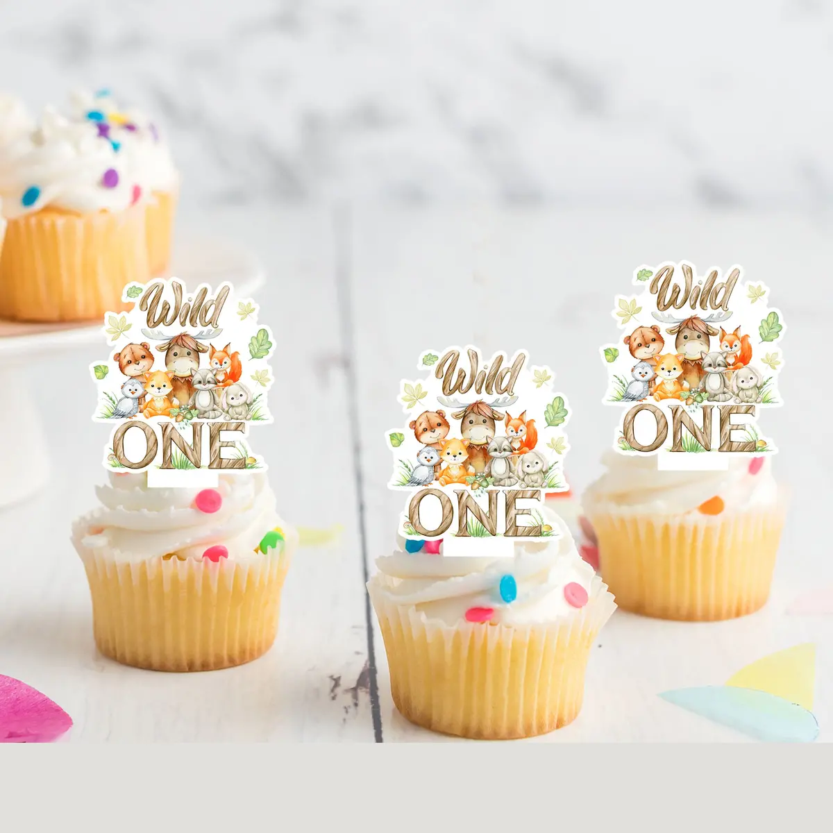 Jungle Animal Safari Wild One Pre-Cut Edible Stand-Up Wafer Card Cupcake Toppers 1