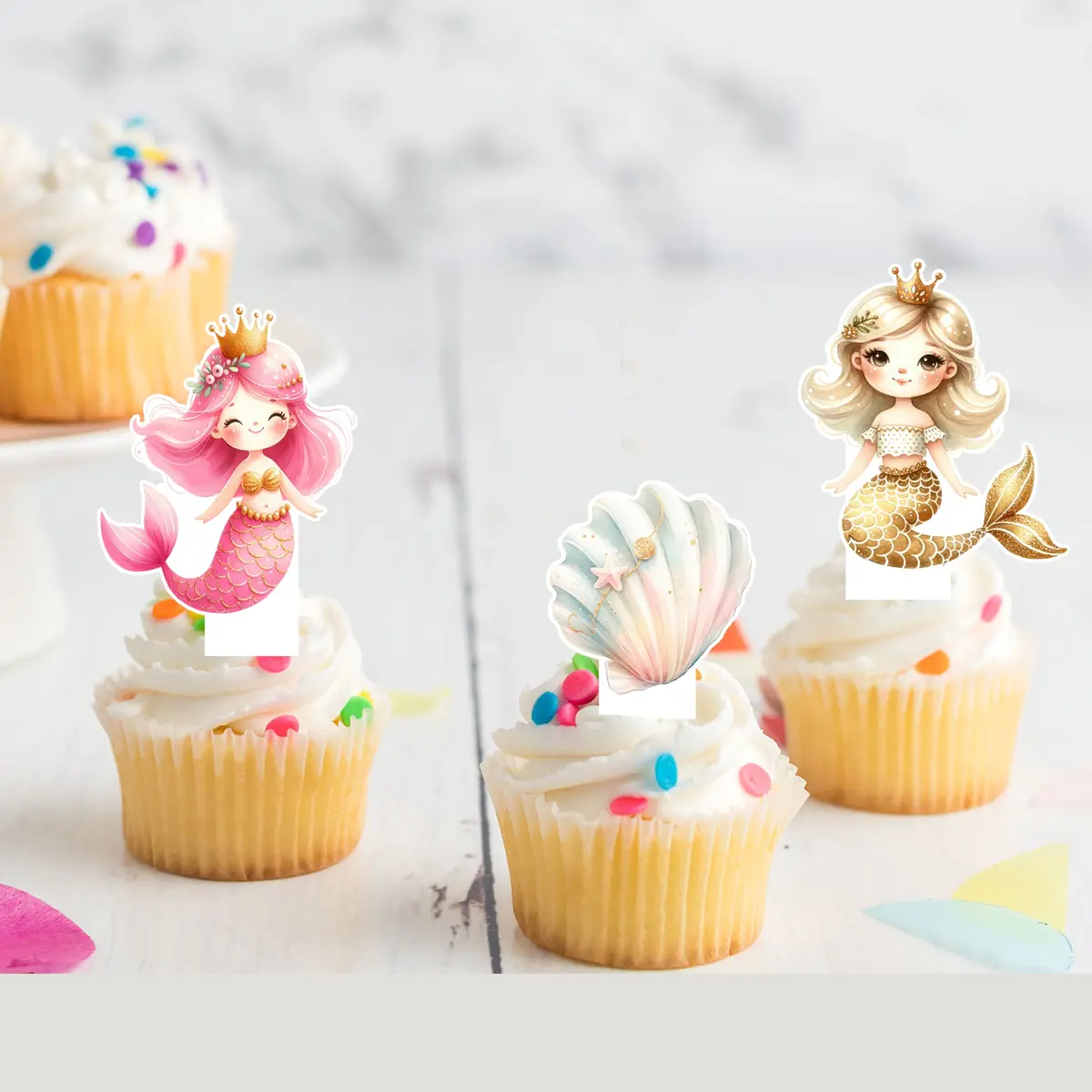Mermaid Under The Sea Pre-Cut Edible Stand-Up Wafer Card Toppers 1