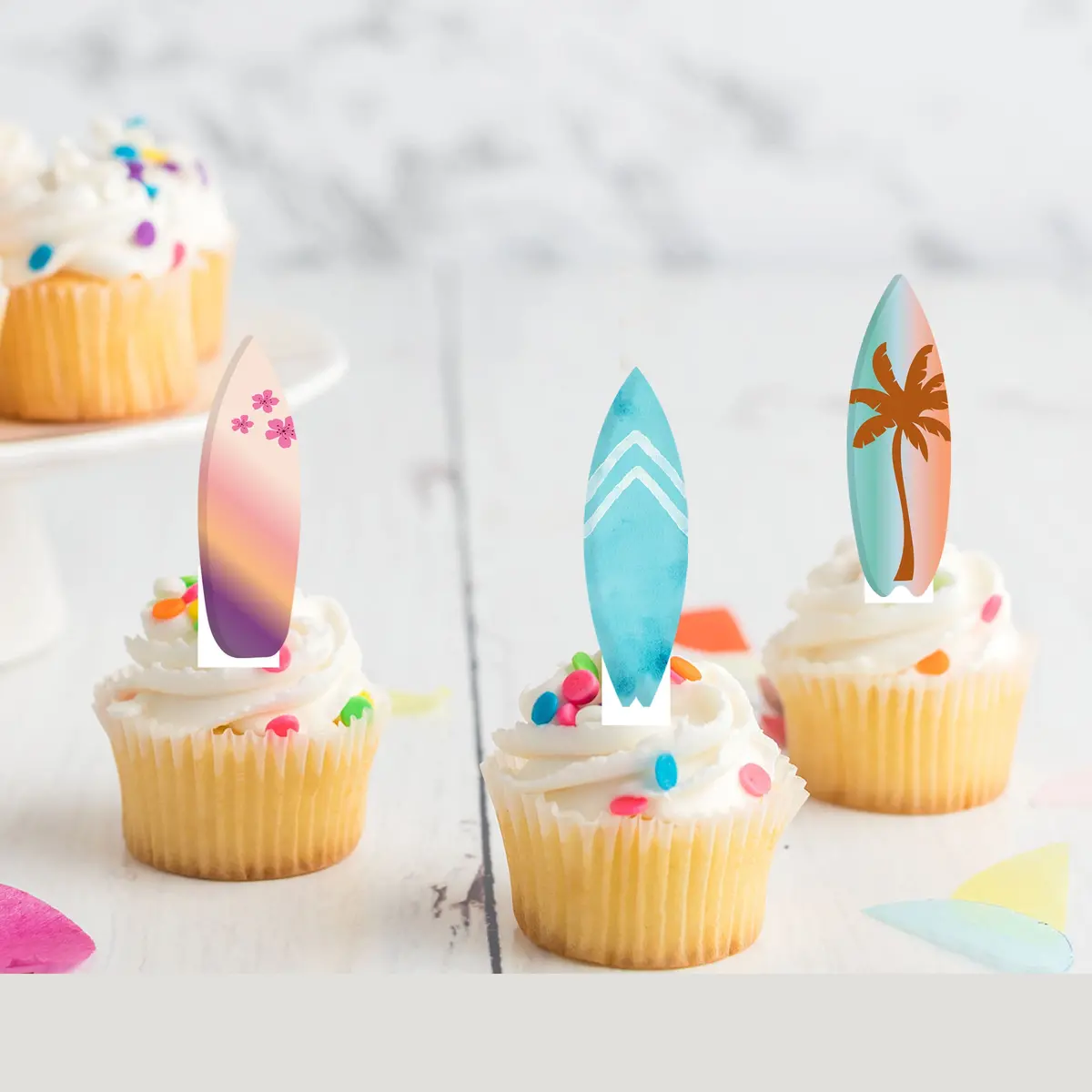 Surfboard Surfer Pre-Cut Edible Stand Up Wafer Card Cupcake Toppers 1