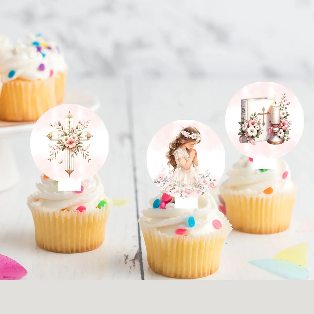 First Holy Communion Pre-Cut Edible Stand Up Wafer Card Cupcake Toppers 1