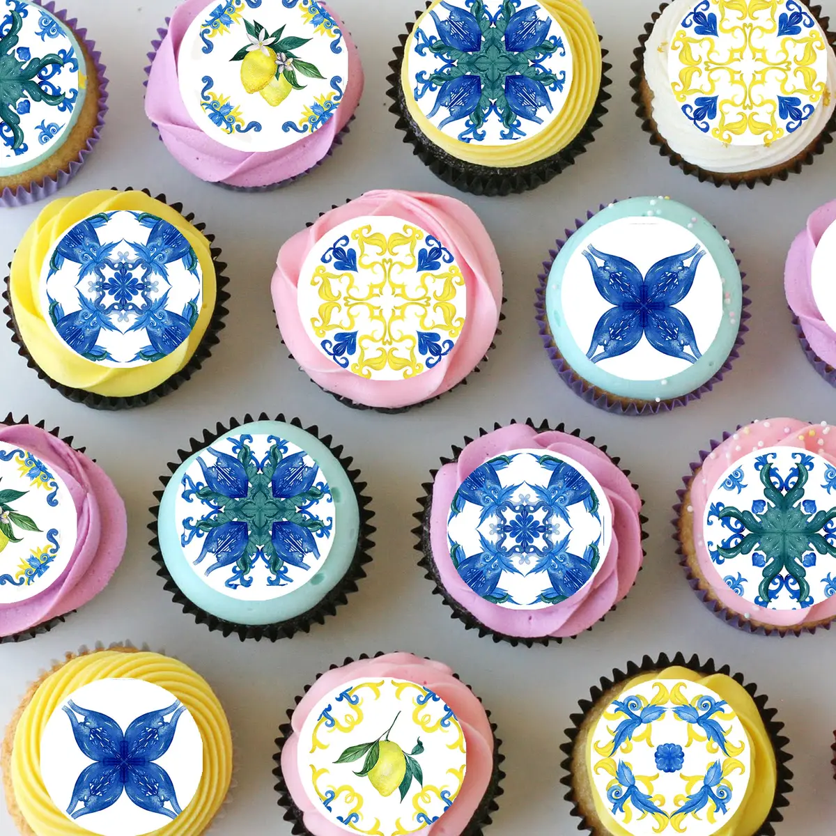 Blue Amalfi Tile Lemons Pre-Cut Mini Edible Cupcake Or Cookie Toppers 1