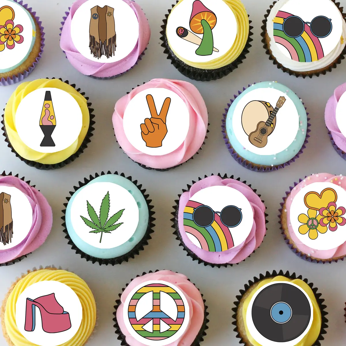 Hippy 70'S Seventies Pre-Cut Mini Edible Cupcake Or Cookie Toppers 1