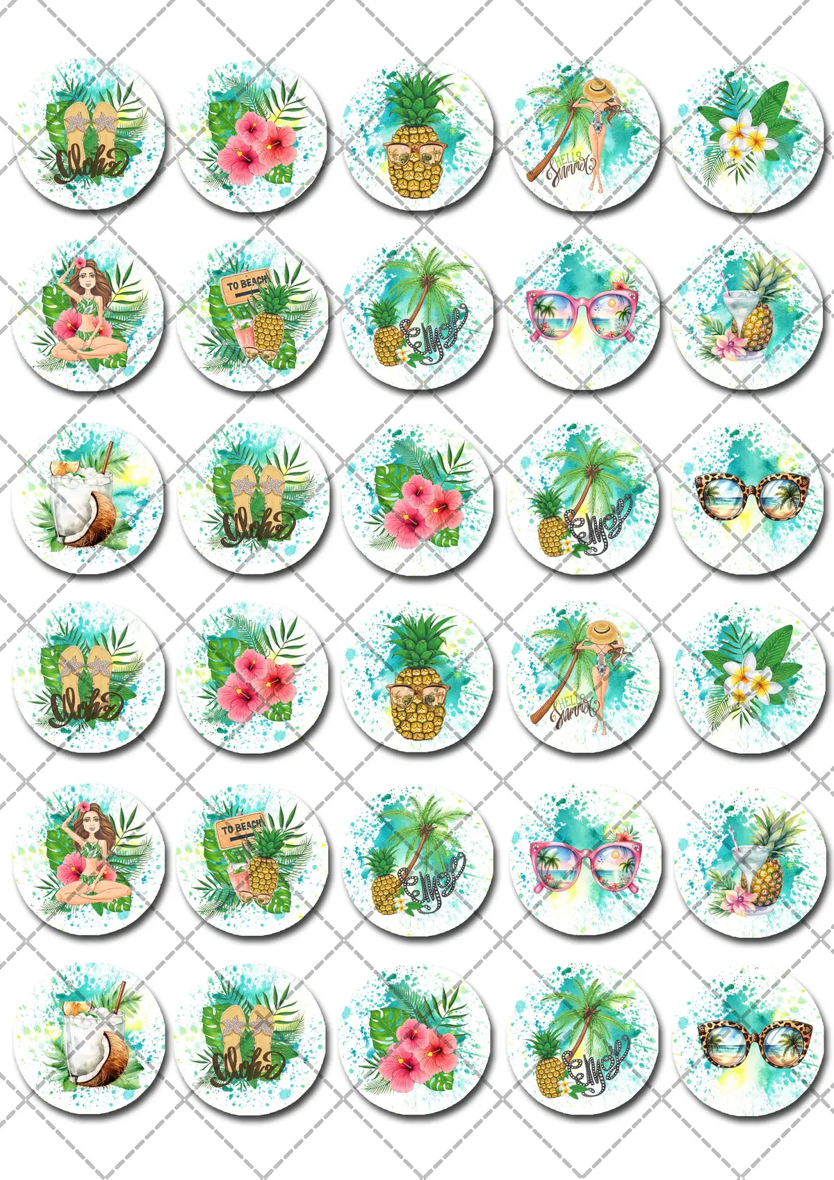 Beach Tropical Themed Pre-Cut Mini Edible Cupcake Or Cookie Toppers 2