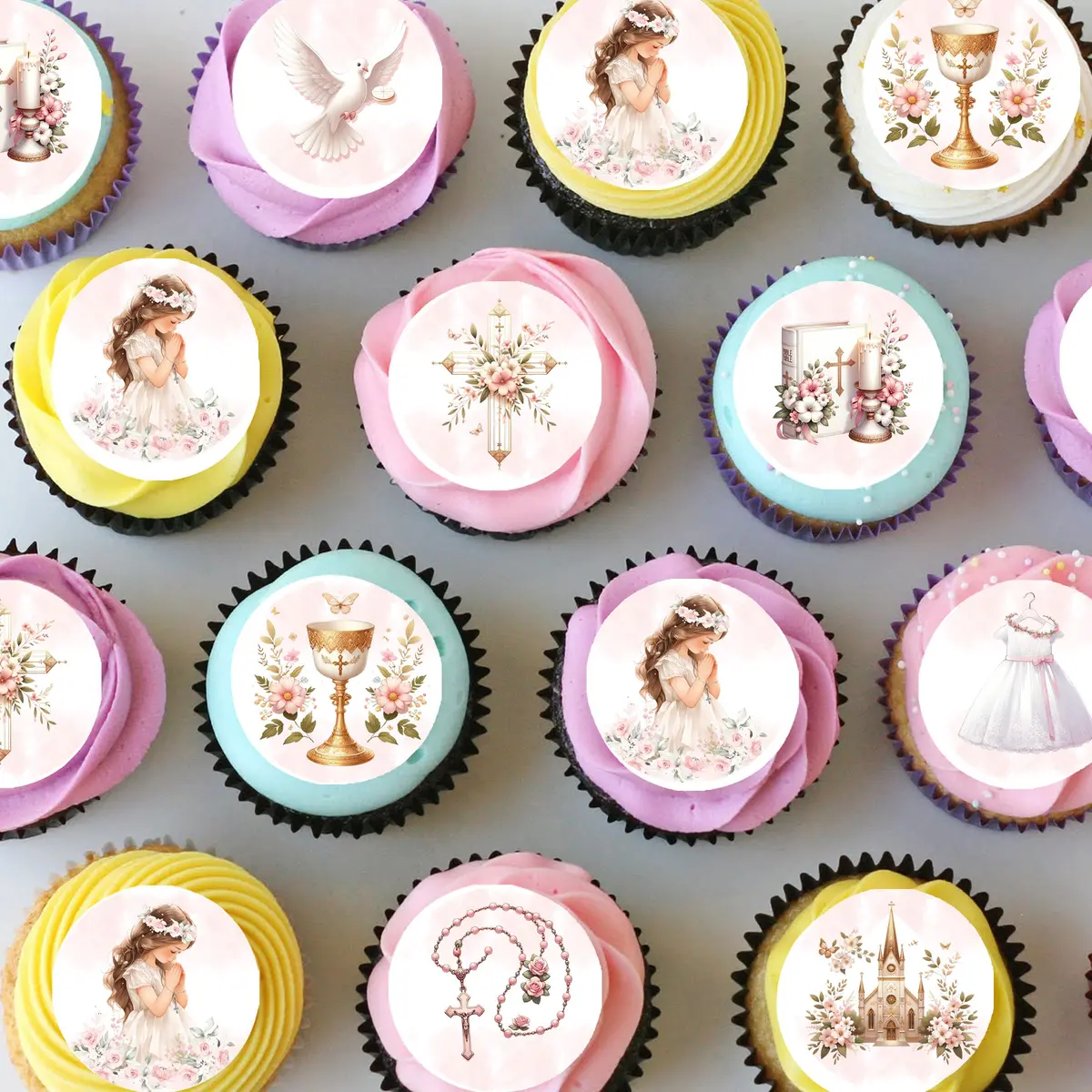 First Holy Communion Pre-Cut Mini Edible Cupcake Or Cookie Toppers 1