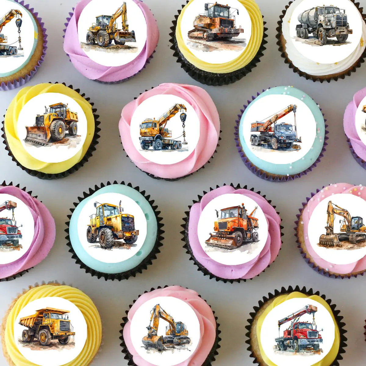 Construction Trucks Pre-Cut Mini Edible Icing Cupcake Or Cookie Toppers 1