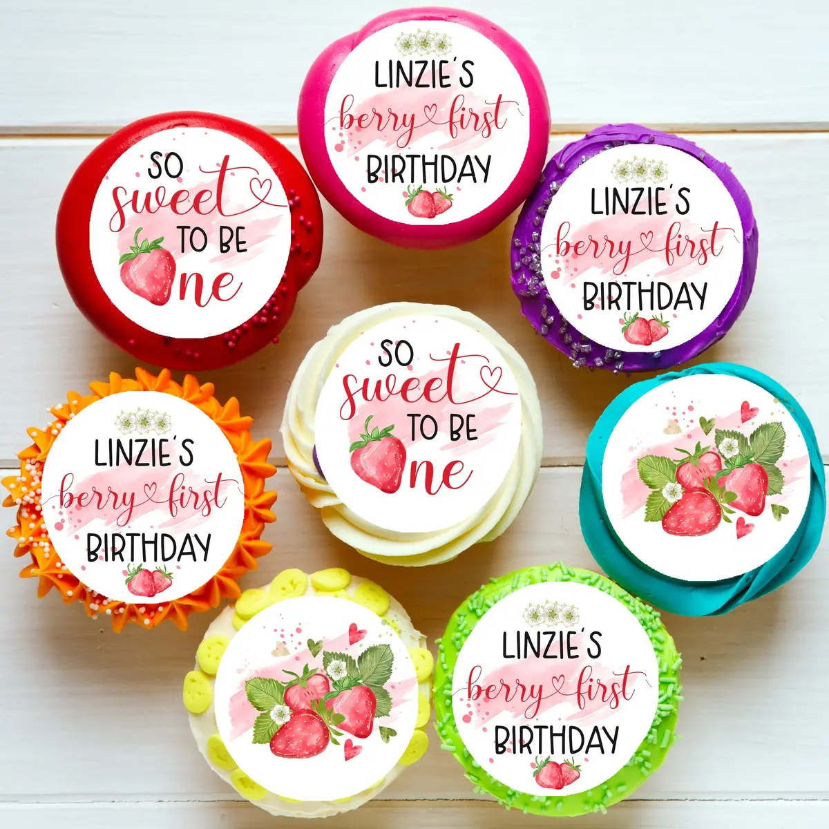 Strawberry 1St Birthday Pre-Cut Edible Icing Cupcake Or Cookie Toppers 1