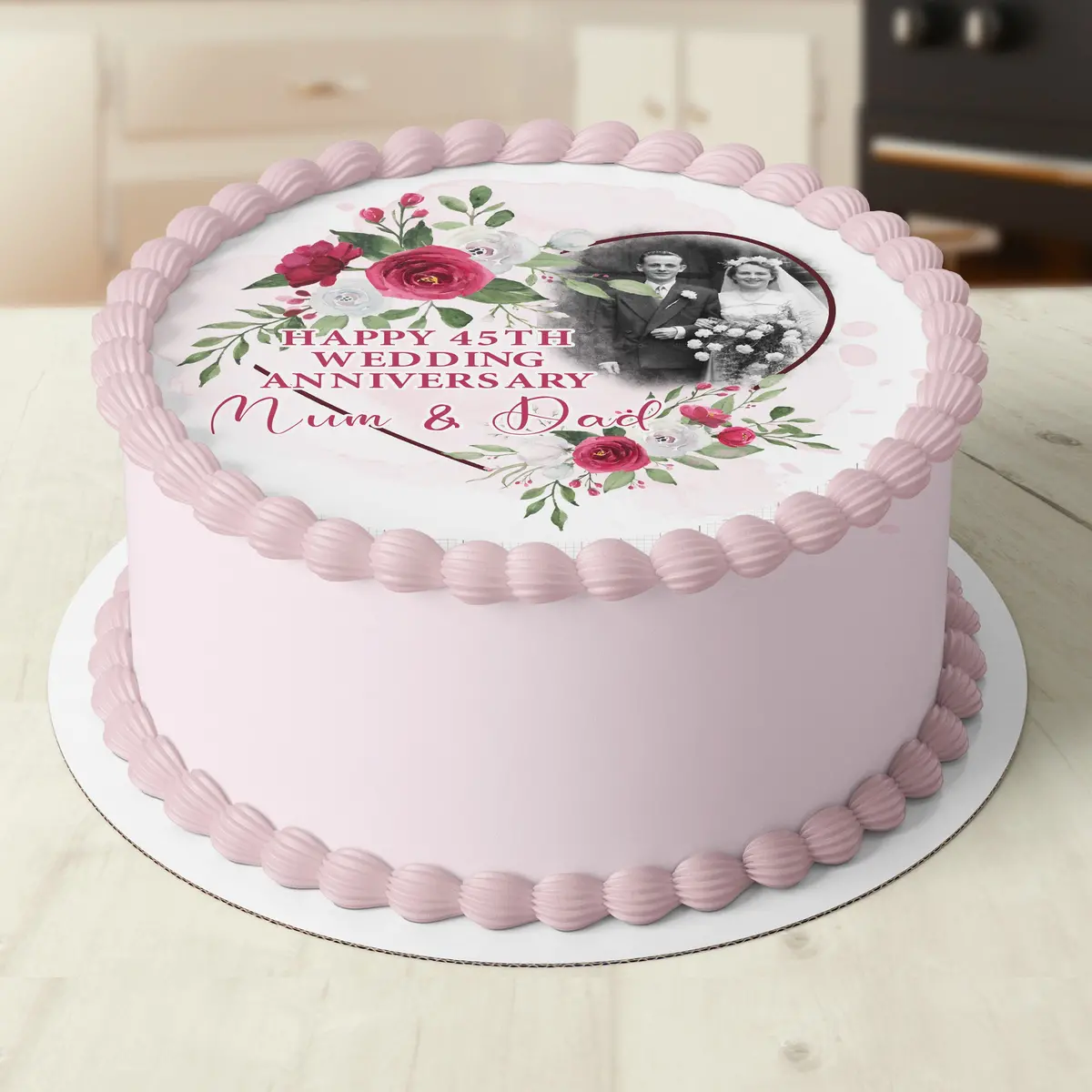 Anniversary Birthday Floral Pre-Cut Round Edible Cake Topper 1