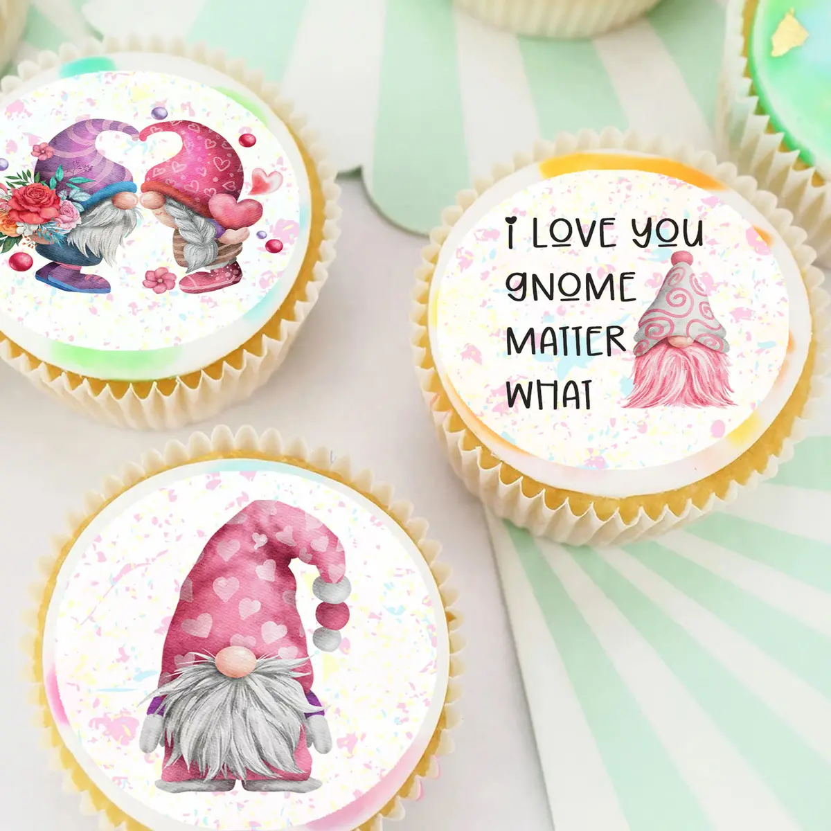 I Love You Gnome Matter What Pre-Cut Edible Icing Cupcake Or Cookie Toppers 1