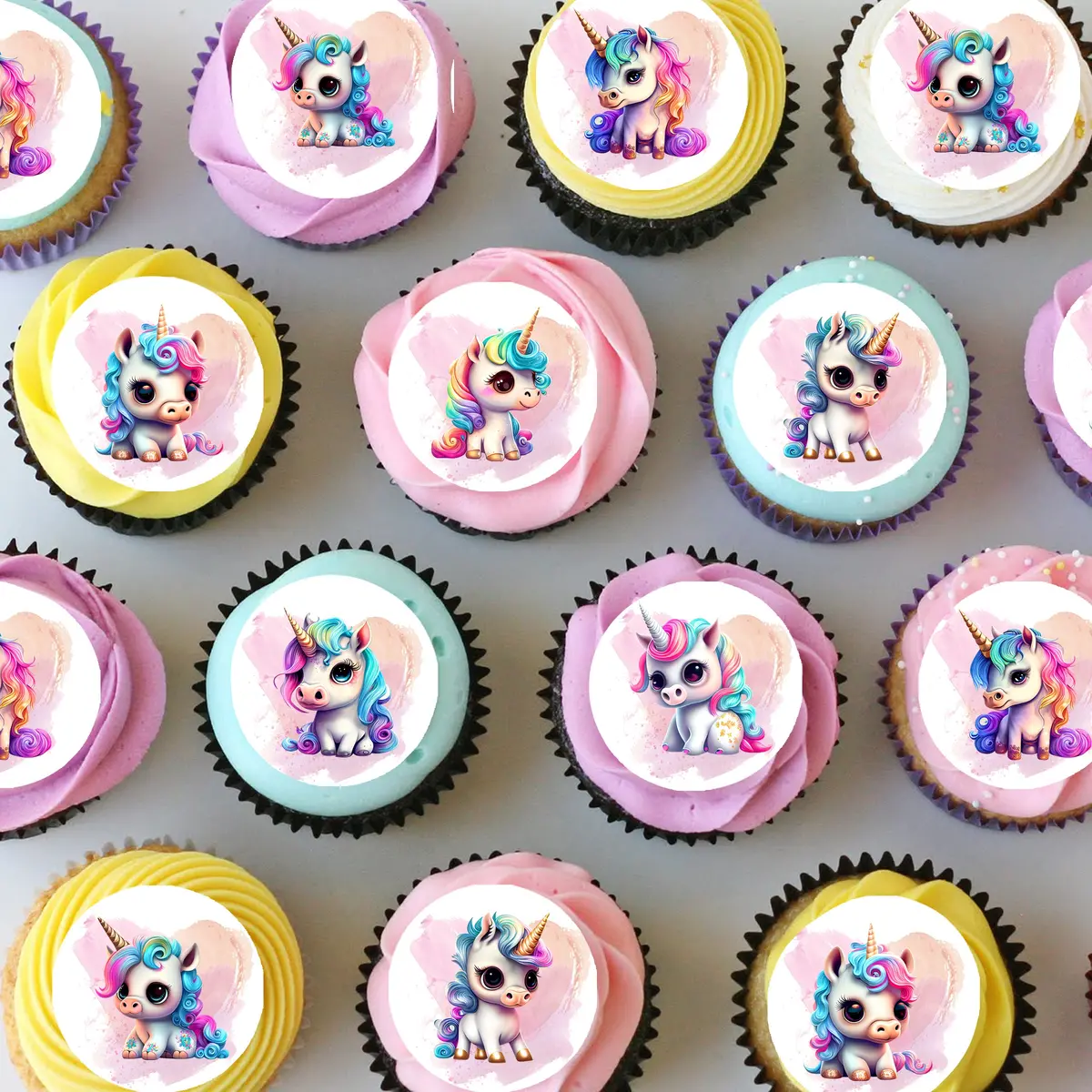 Rainbow Unicorns Pre-Cut Mini Edible Cupcake Or Cookie Toppers 1