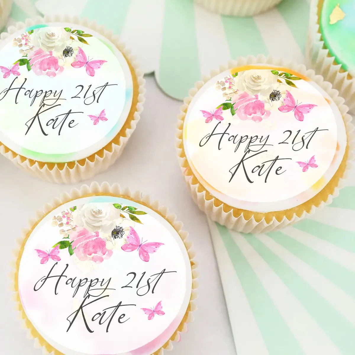 Happy Birthday Floral Butterfly 21St Pre-Cut Edible Icing Cupcake Or Cookie Toppers 1