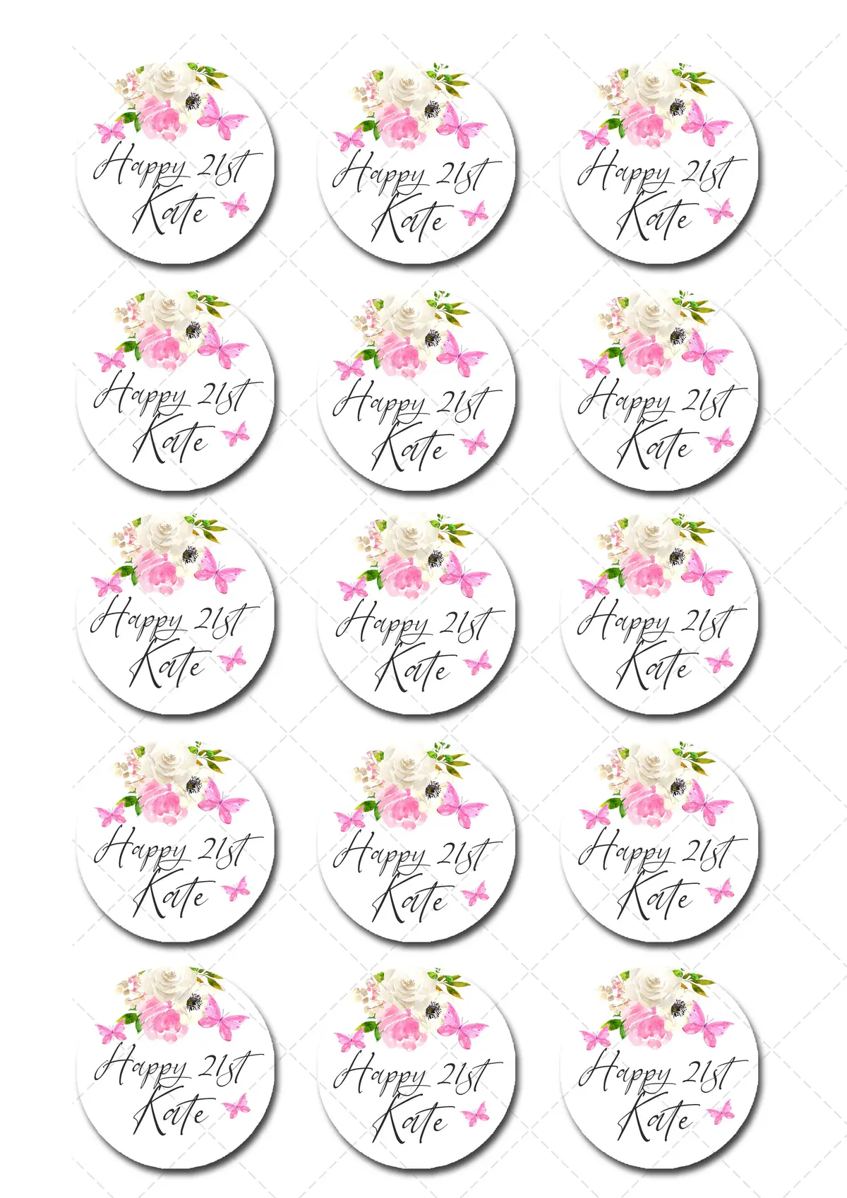 Happy Birthday Floral Butterfly 21St Pre-Cut Edible Icing Cupcake Or Cookie Toppers 2