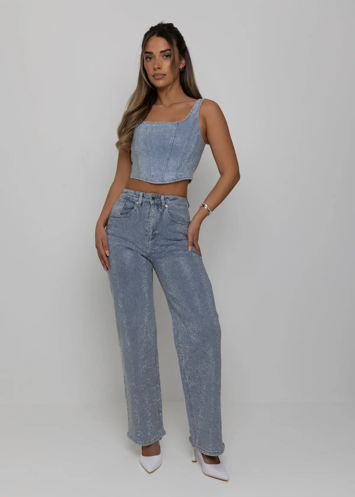 Forever Sparkle Diamante Straight Leg Jean - Blue 1
