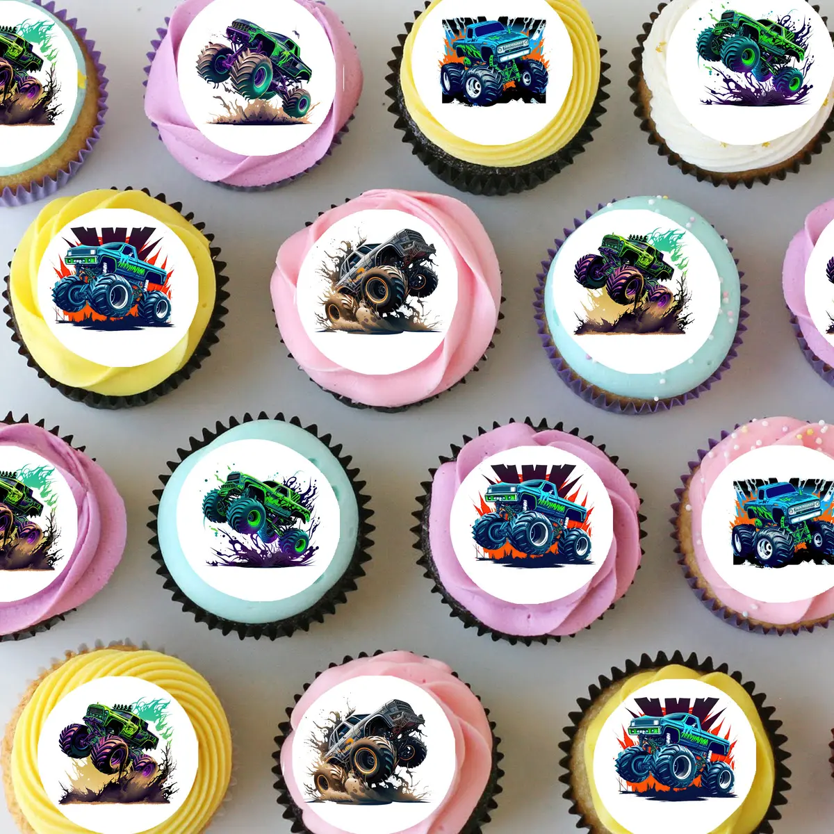 Monster Trucks Pre-Cut Mini Edible Icing Cupcake Or Cookie Toppers 1