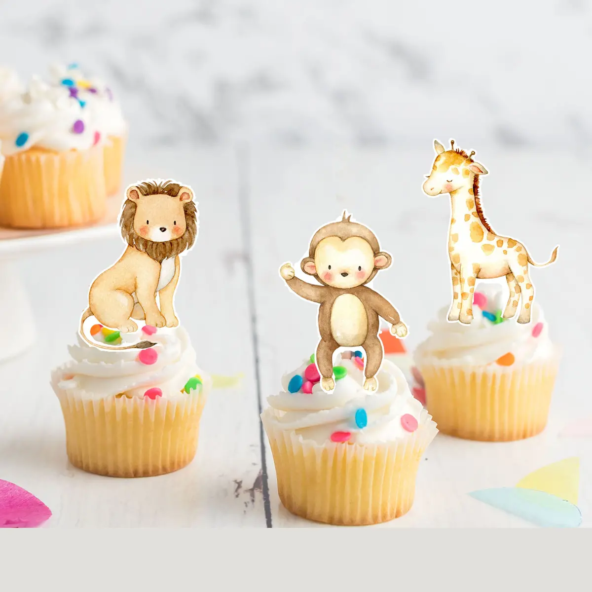 Jungle Animal Safari Pre-Cut Edible Stand-Up Wafer Card Cupcake Toppers 1